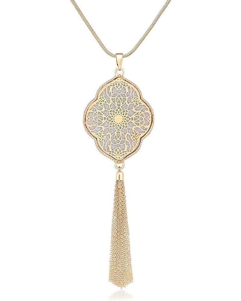 Long Necklaces For Woman Disk Circle Pendant Necklaces Tassel Fringe Necklace Set Statement Pendant quatrefoil-shaped-gold $9...