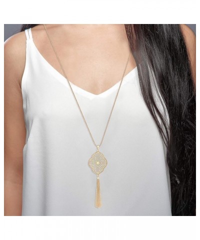 Long Necklaces For Woman Disk Circle Pendant Necklaces Tassel Fringe Necklace Set Statement Pendant quatrefoil-shaped-gold $9...