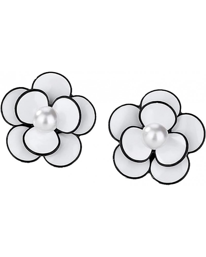 White Red Rose Flower with Shell Beads Stud Earrings White $9.00 Earrings