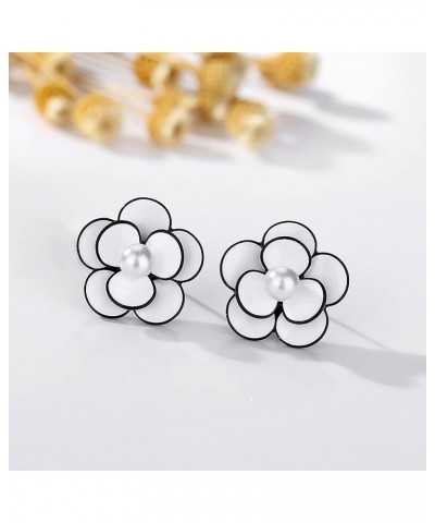 White Red Rose Flower with Shell Beads Stud Earrings White $9.00 Earrings