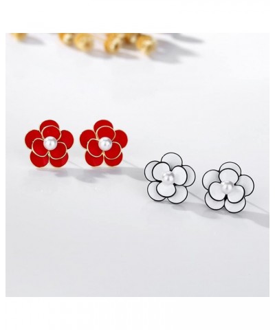 White Red Rose Flower with Shell Beads Stud Earrings White $9.00 Earrings