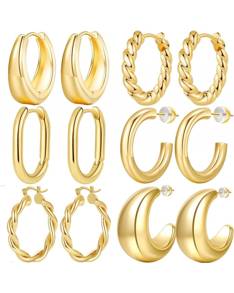 6 Pairs Gold Hoop Earrings Set 14K Real Gold Plated Small Chunky Gold Hoops Hypoallergenic Lightweight Gold Earring Pack for ...