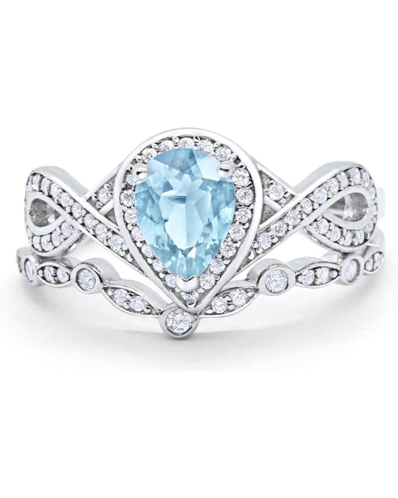 Teardrop Bridal Set Art Deco Wedding Engagement Ring Band 925 Sterling Silver Pear Round CZ Simulated Aquamarine CZ $19.50 Sets