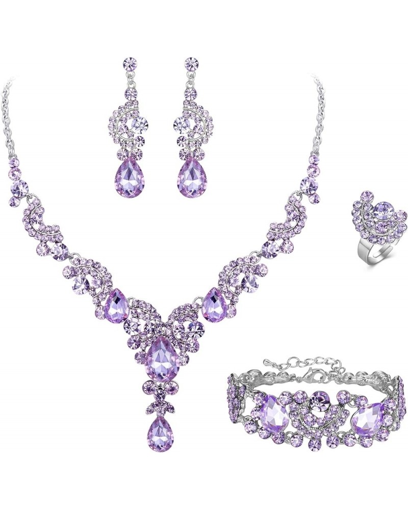 Rhinestone Crystal Bridal Floral Wave Teardrop Necklace Earrings Set 4pcs_Light Purple Silver-Tone $14.39 Jewelry Sets