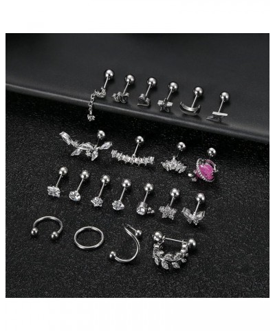 Cartilage Earring Set for Women 20G 16G Stainless Steel CZ Butterfly Flower Snake Heart Star Moon Lightning Stud Hinged Hoop ...