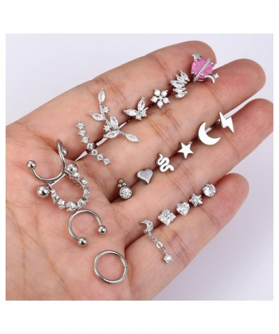 Cartilage Earring Set for Women 20G 16G Stainless Steel CZ Butterfly Flower Snake Heart Star Moon Lightning Stud Hinged Hoop ...