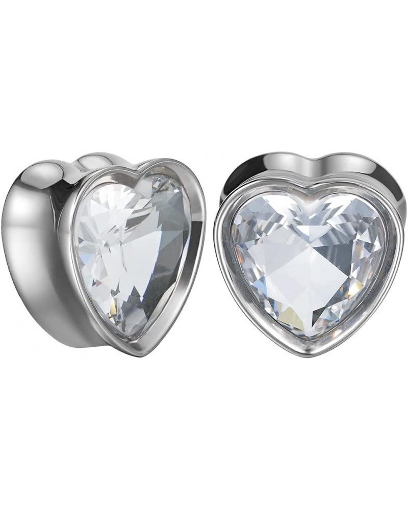 Surgical Steel Heart-Shaped Zircon Double Flared Ear Tunnels And Plugs Stretcher Expander Sold As Pair Gauge 8mm-25mm 5/8"-16...