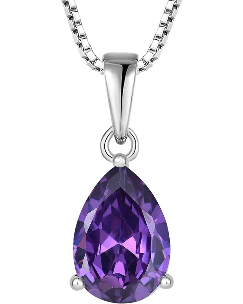 Teardrop Dangle Drop Necklace 925 Sterling Silver Solitaire Pendant 7x10mm Pear Cut Birthstone Jewelry for Women 02-amethyst-...