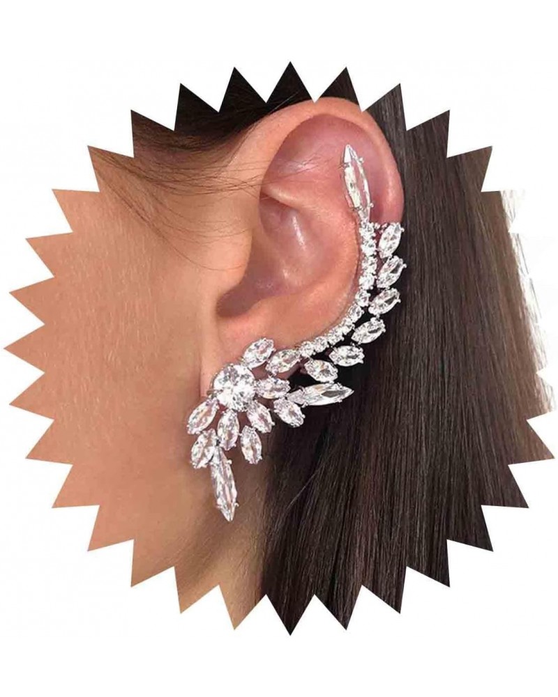 Vintage Crystal Leaf Cuff Earrings Sliver Rhinestone Ear Crawler Earrings Cz Leaf Crawler Climber Earrings Crystal Cz Cuff Wr...