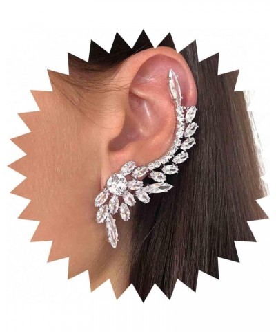 Vintage Crystal Leaf Cuff Earrings Sliver Rhinestone Ear Crawler Earrings Cz Leaf Crawler Climber Earrings Crystal Cz Cuff Wr...