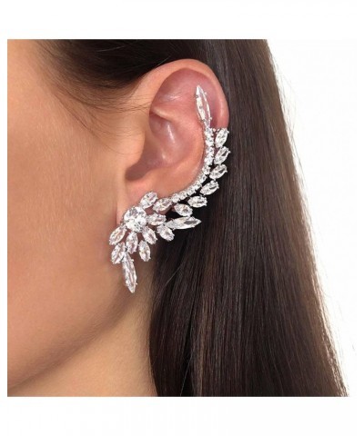 Vintage Crystal Leaf Cuff Earrings Sliver Rhinestone Ear Crawler Earrings Cz Leaf Crawler Climber Earrings Crystal Cz Cuff Wr...