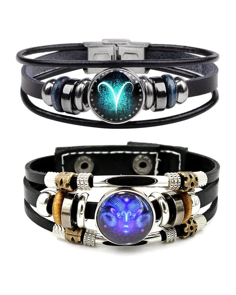 2Pcs Multilayer Constellation Zodiac Leather Bracelet Handmade Woven Zodiac Sign Wrap Wristband Bracelet Jewelry for Women Me...