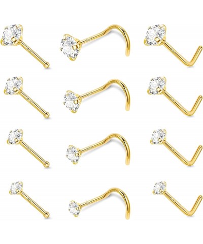 12Pcs 18G/20G/22G 14K Gold Filled Nose Studs for Women Men Hypoallergenic Round CZ L Shaped Corkscrew Nose Rings Studs Nostri...