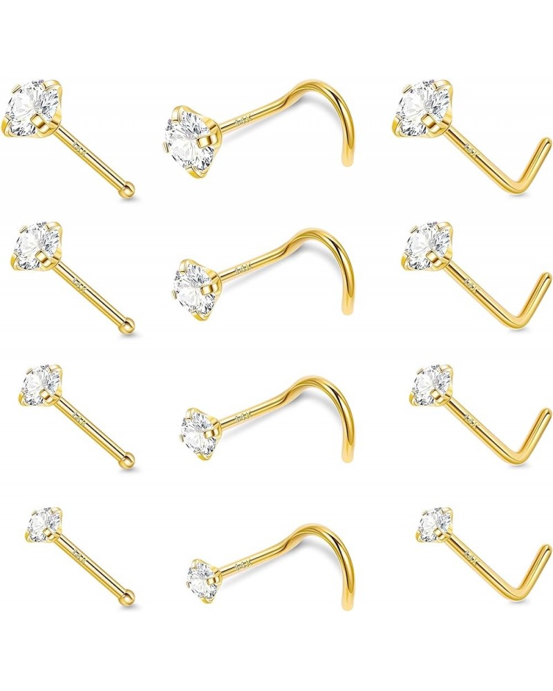 12Pcs 18G/20G/22G 14K Gold Filled Nose Studs for Women Men Hypoallergenic Round CZ L Shaped Corkscrew Nose Rings Studs Nostri...