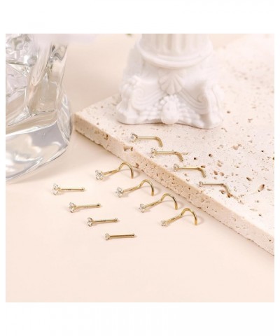 12Pcs 18G/20G/22G 14K Gold Filled Nose Studs for Women Men Hypoallergenic Round CZ L Shaped Corkscrew Nose Rings Studs Nostri...