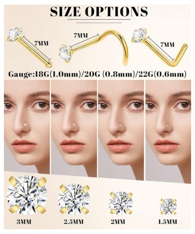 12Pcs 18G/20G/22G 14K Gold Filled Nose Studs for Women Men Hypoallergenic Round CZ L Shaped Corkscrew Nose Rings Studs Nostri...