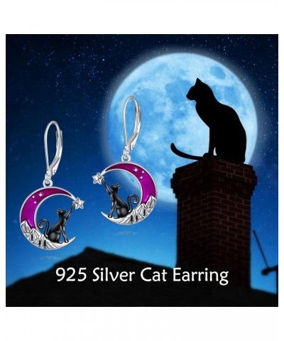 Cat Gifts for Cat Lover Black Cat Earrings for Women 925 Sterling Silver Leverback Earrings Moon Cat Jewelry Birthday Mother'...