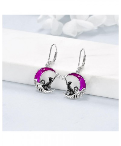 Cat Gifts for Cat Lover Black Cat Earrings for Women 925 Sterling Silver Leverback Earrings Moon Cat Jewelry Birthday Mother'...