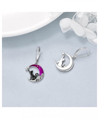 Cat Gifts for Cat Lover Black Cat Earrings for Women 925 Sterling Silver Leverback Earrings Moon Cat Jewelry Birthday Mother'...