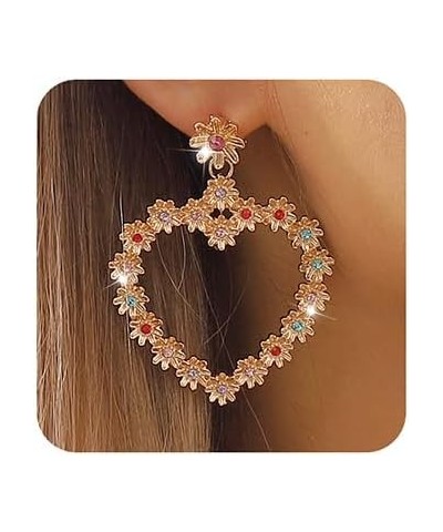 Multi-colored Rhinestone Inlaid Love Heart Earrings Statement Flower Earrings for Women Girls Gold $7.79 Earrings