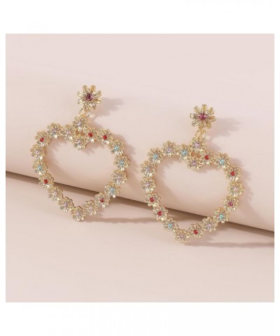 Multi-colored Rhinestone Inlaid Love Heart Earrings Statement Flower Earrings for Women Girls Gold $7.79 Earrings