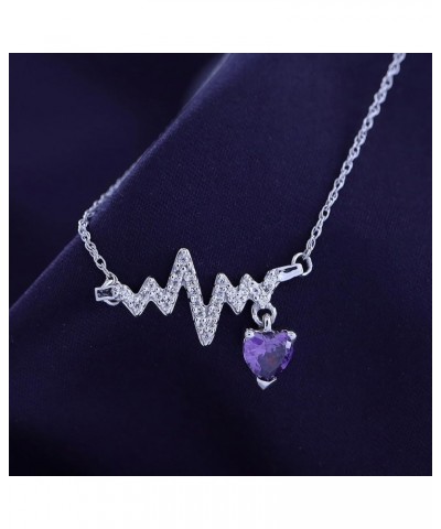 Heart & Round Cut Simulated Birthstone & White Cubic Zirconia Heartbeat & Heart Pendant Necklace Along with 18" Silver Chain ...