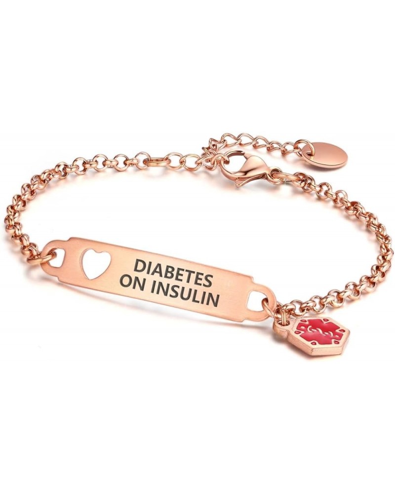 Pre-Engraved Simple Rolo Chain Medical Alert id Bracelet for Women PVD Rose Gold diabetes on insulin $14.99 Bracelets