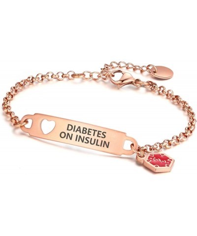 Pre-Engraved Simple Rolo Chain Medical Alert id Bracelet for Women PVD Rose Gold diabetes on insulin $14.99 Bracelets