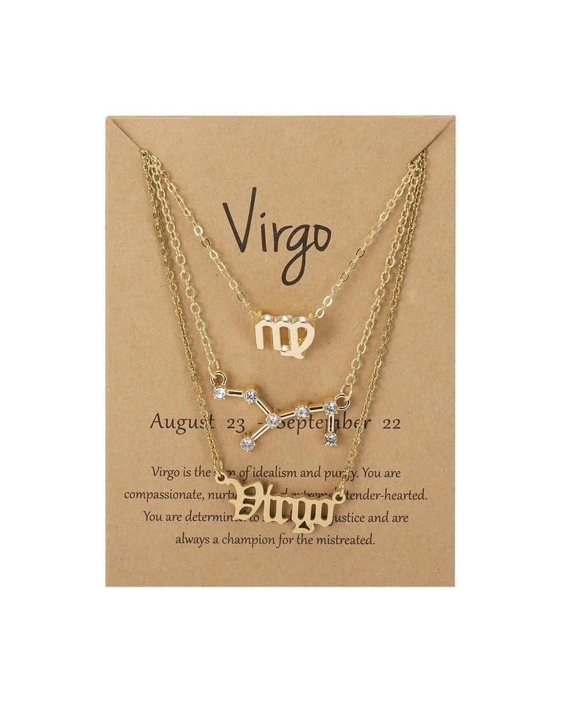 3Pcs Constellation Zodiac Layer Necklaces for Women Girls, Retro 14K Gold Plated Exquisite Letter Horoscope Old English Sign ...