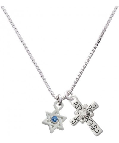 Mini Star of David with Crystal Scroll Cross Necklace, 18"+2 Blue $16.80 Necklaces