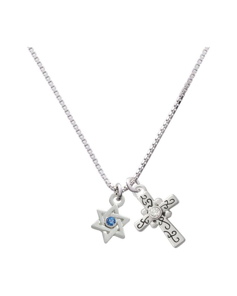 Mini Star of David with Crystal Scroll Cross Necklace, 18"+2 Blue $16.80 Necklaces