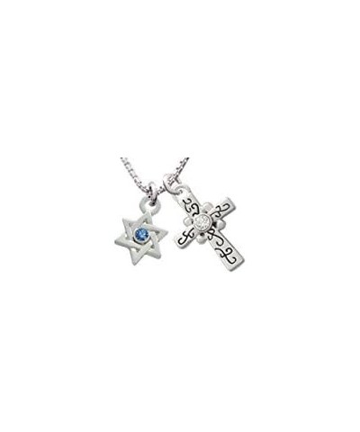 Mini Star of David with Crystal Scroll Cross Necklace, 18"+2 Blue $16.80 Necklaces