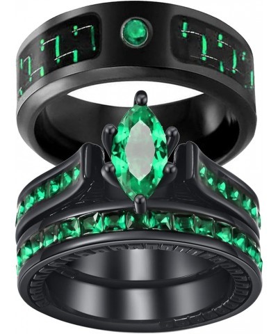 His and Her Couple Rings Black Matching Ring 1.5ct Green CZ Women Wedding Ring Sets for Him and Her women's size 9 & men's si...