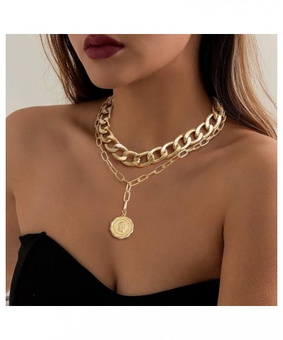 Gold Layered Necklaces for Women Chunky Choker Link Chain Trendy Retro Coin 14K Pendant Necklace Handmade Dainty Layering Pop...