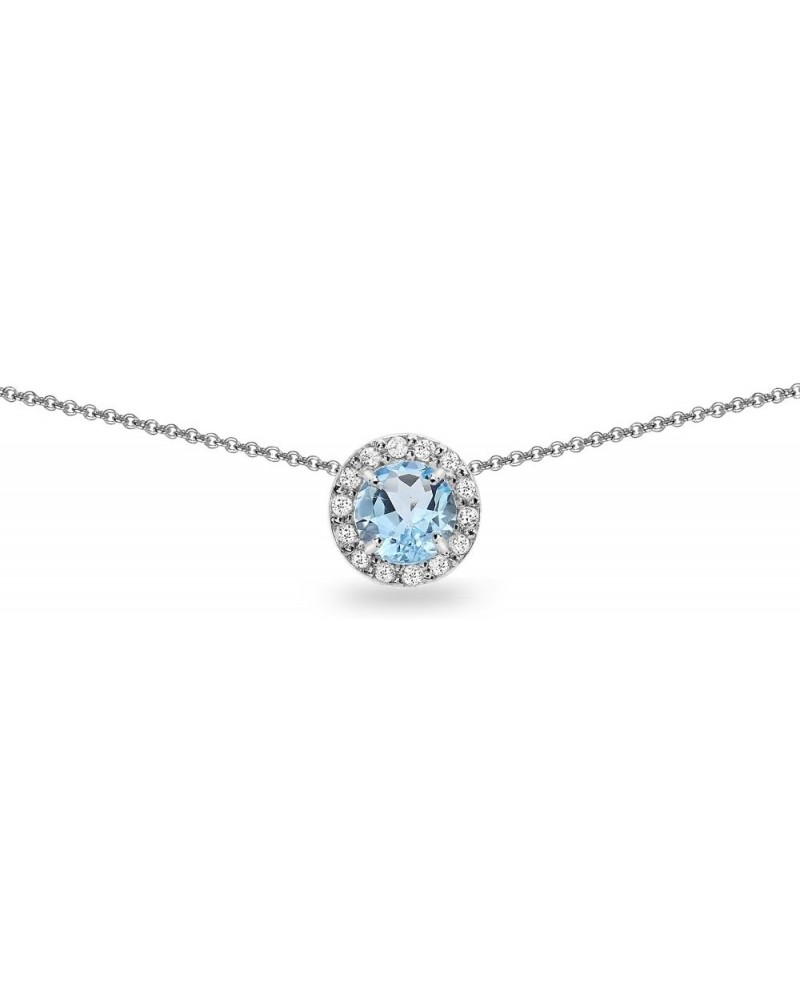 Sterling Silver Genuine or Synthetic Gemstone Round Halo Slide Short Choker Necklace for Girls Women Bridesmaids Blue Topaz -...