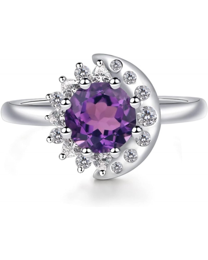 S925 Sterling Silver Round Shaped 7 MM Halo Engagement Ring Sun and Moon Ring Gemstone Ring for Women Amethyst $60.63 Rings