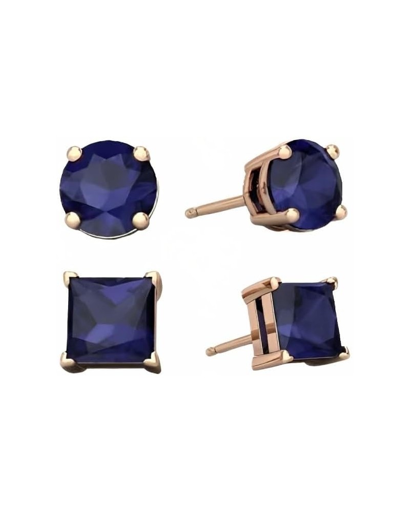 18k Rose Gold 2 Pair Created Blue Sapphire 6mm Round & Princess Cut Stud Earrings Plated $12.59 Earrings