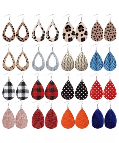 16 Pairs Faux Leather Earrings Set for Women Bulk Christmas Teardrop Dangle Earrings Leopard Animal Print Buffalo Plaid Earri...