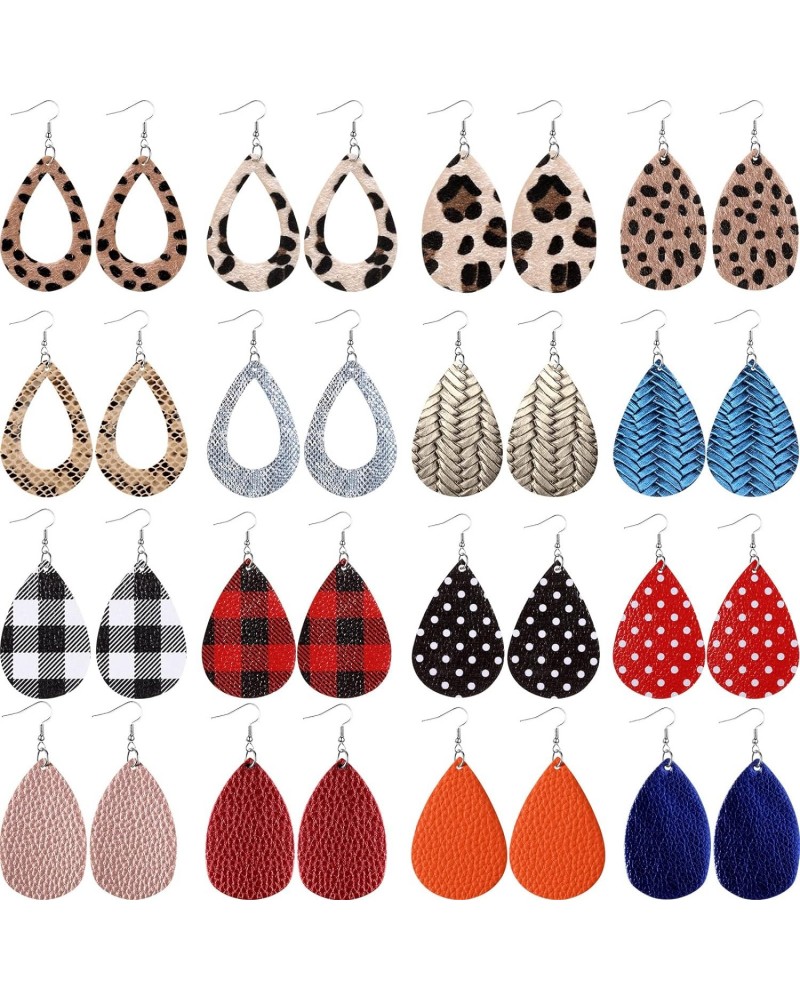 16 Pairs Faux Leather Earrings Set for Women Bulk Christmas Teardrop Dangle Earrings Leopard Animal Print Buffalo Plaid Earri...