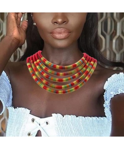 African Necklace Earrings Set Multilayer Woven Rope Choker Layered Strand Collar Statement Jewelry Accessories for Women and ...