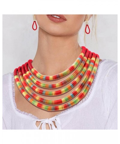 African Necklace Earrings Set Multilayer Woven Rope Choker Layered Strand Collar Statement Jewelry Accessories for Women and ...