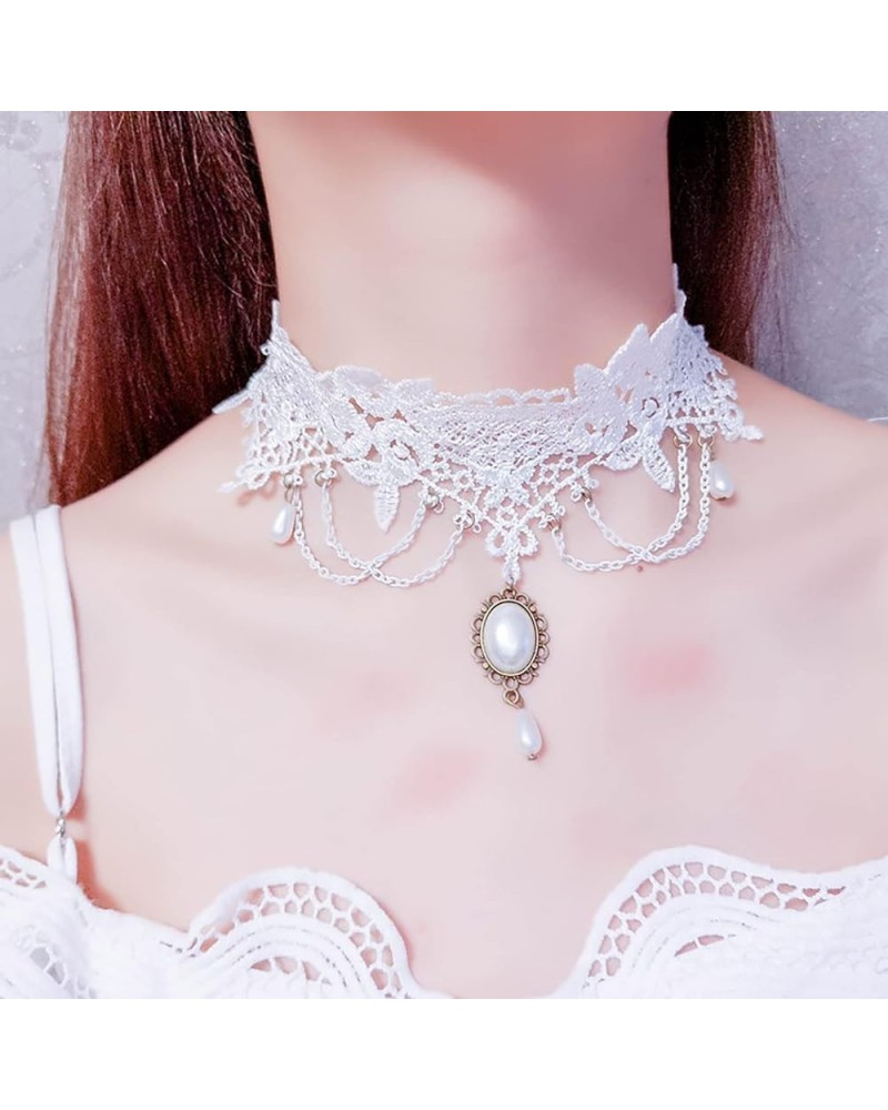 Vintage Lace Choker Necklace White Gothic Lace Pattern Necklace Punk Tassel Pearl Beaded Pendant Choker Princess Bridal Lace ...