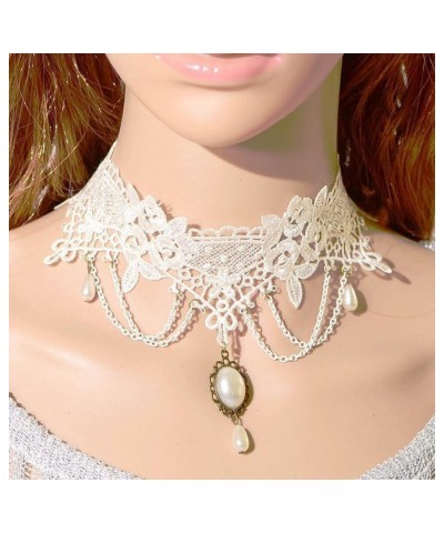 Vintage Lace Choker Necklace White Gothic Lace Pattern Necklace Punk Tassel Pearl Beaded Pendant Choker Princess Bridal Lace ...