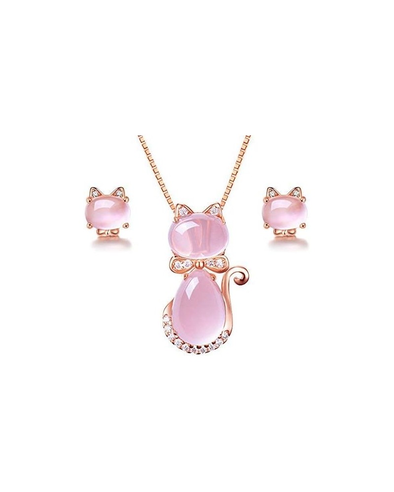 Cute Pink Cat Studs Earrings and Pendant Necklace Birthday Gifts for Teen Girls Jewelry set $8.39 Jewelry Sets