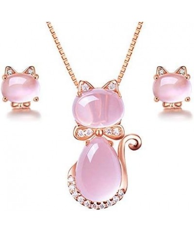 Cute Pink Cat Studs Earrings and Pendant Necklace Birthday Gifts for Teen Girls Jewelry set $8.39 Jewelry Sets