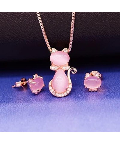 Cute Pink Cat Studs Earrings and Pendant Necklace Birthday Gifts for Teen Girls Jewelry set $8.39 Jewelry Sets